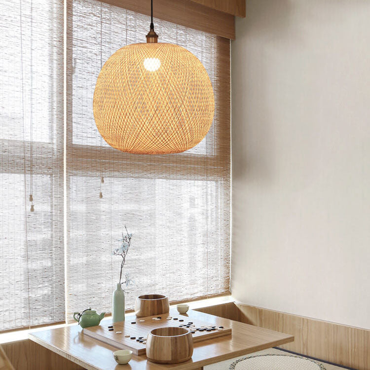 Bamboo Weaving Round Ball Beige Japanese Pendant Light - 1-Light Modern Hanging Fixture