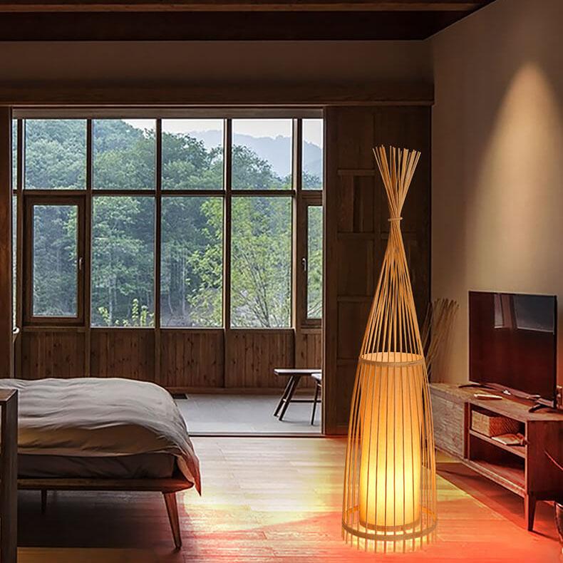 Bamboo Weaving Hut Shaped Floor Lamp - 1-Light Natural Décor