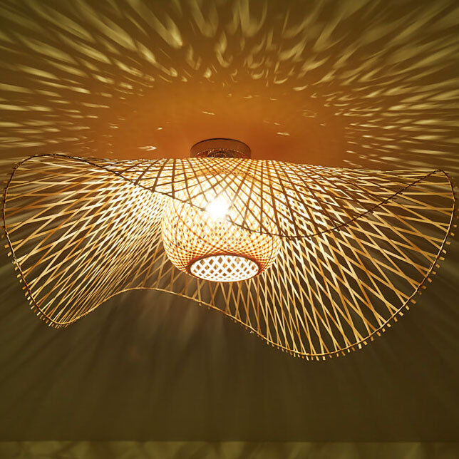 Traditional Japanese Bamboo Weaving 1-Light Semi-Flush Mount Ceiling Light for Bedroom