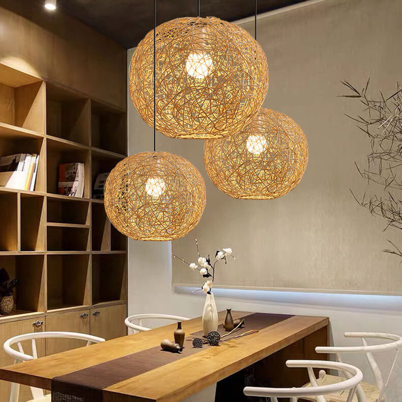 Rattan Weaving Beige Globe Pendant Light 1-Light Fixture
