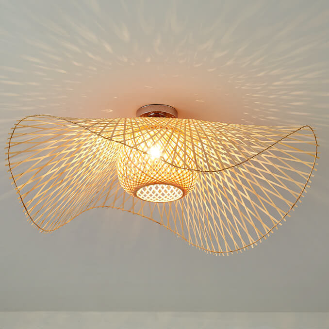 Traditional Japanese Bamboo Weaving 1-Light Semi-Flush Mount Ceiling Light for Bedroom