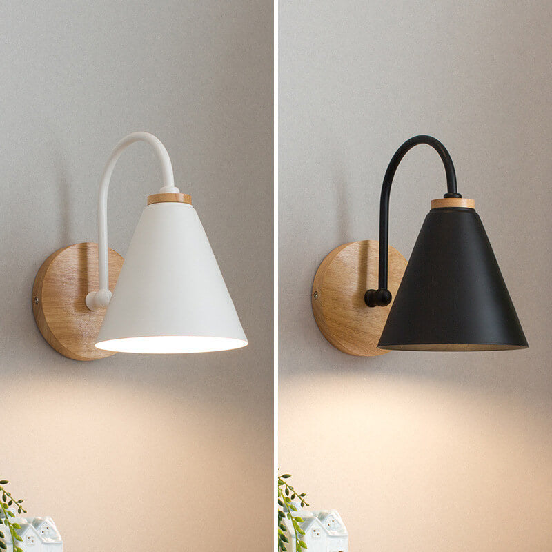 Modern Minimalist Cone Shade Wall Sconce Lamp - Wooden Base 1-Light Fixture