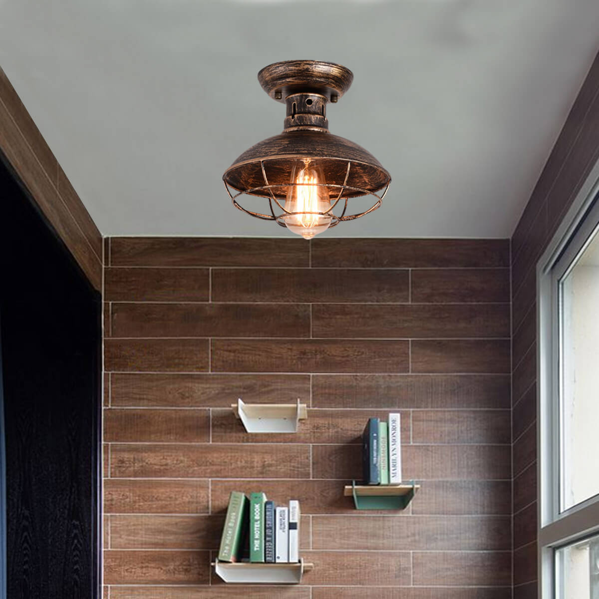 Rustic Wrought Iron Barn Semi-Flush Mount Light Fixture