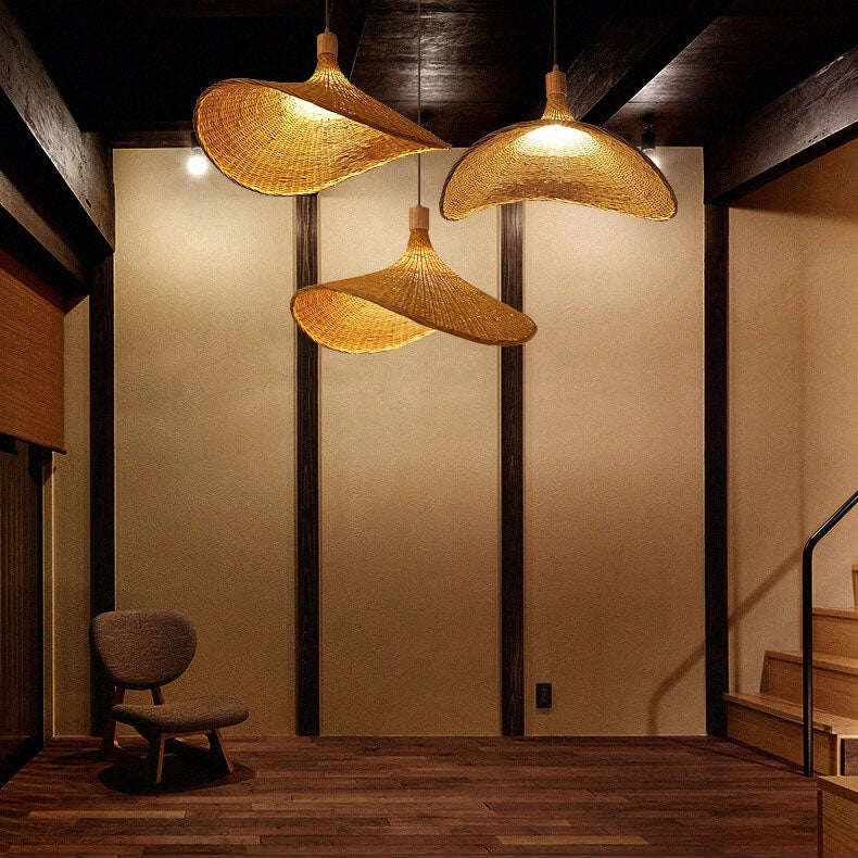 Woven Bamboo Pendant Light - 1-Light Straw Hat Design, Rustic Home Decor, Boho Lighting