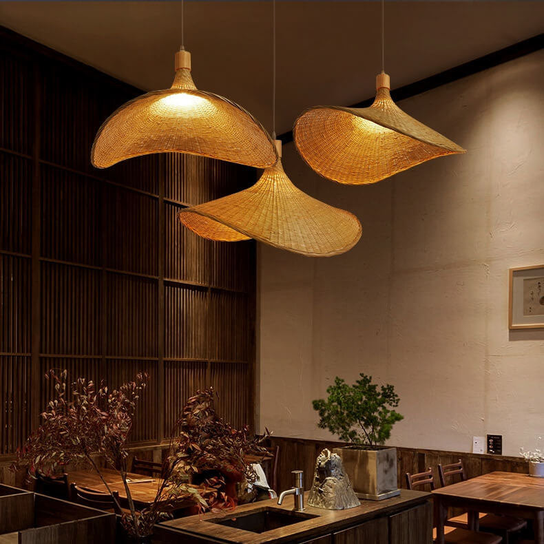 Woven Bamboo Straw Hat Pendant Light - Eco-Friendly Lighting Fixture