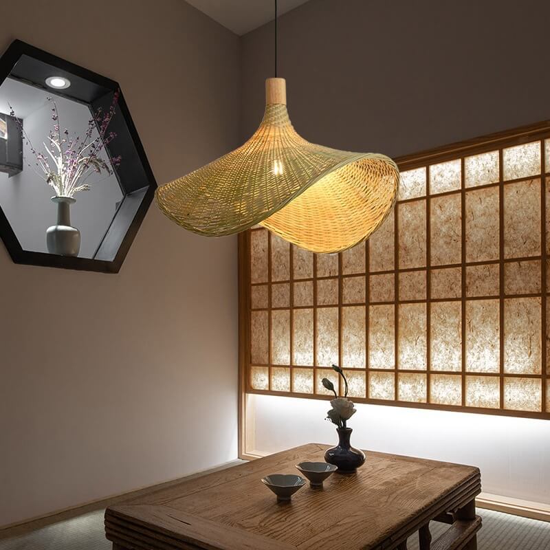 Woven Bamboo Pendant Light - 1-Light Straw Hat Design, Rustic Home Decor, Boho Lighting