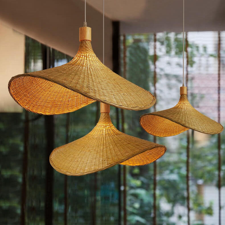 Woven Bamboo Pendant Light - 1-Light Straw Hat Design, Rustic Home Decor, Boho Lighting
