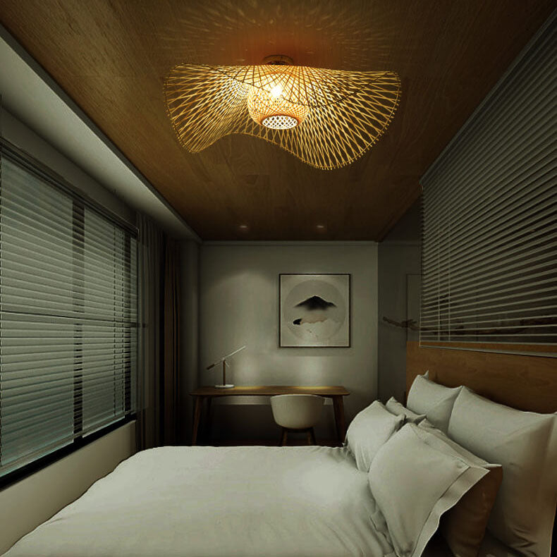 Traditional Japanese Bamboo Weaving 1-Light Semi-Flush Mount Ceiling Light for Bedroom