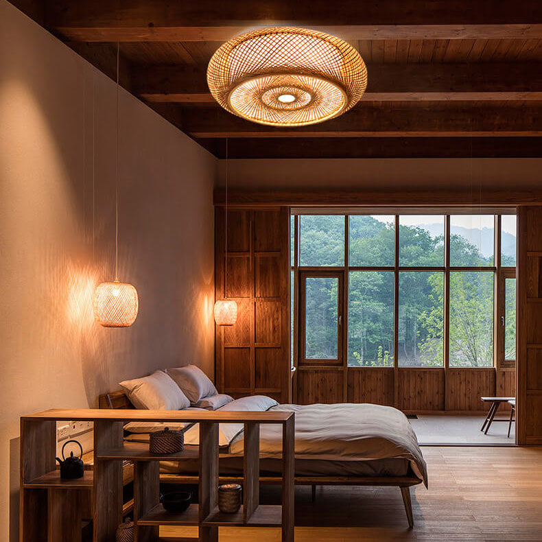 Bamboo Weaving 3-Light Flush Mount Ceiling Light Fixture