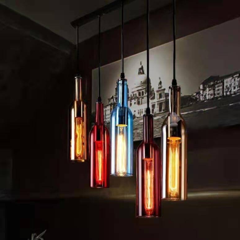 Retro Colorful Wine Bottle 5-Light Chandelier | Vintage Pendant Lighting | Unique Home Decor | Artistic Ceiling Fixture | Colorful Hanging Light
