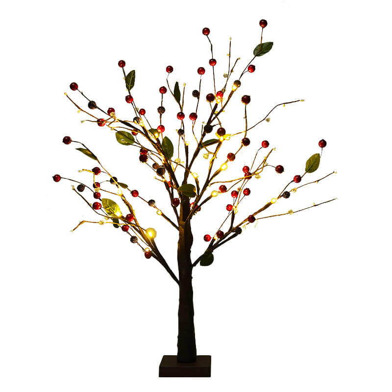 Red Fruits Pine Tree LED Table Lamp - Small Battery-Powered Decoration