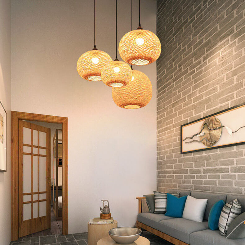 Bamboo Weaving Beige Japanese Pendant Light - 1-Light Round Design