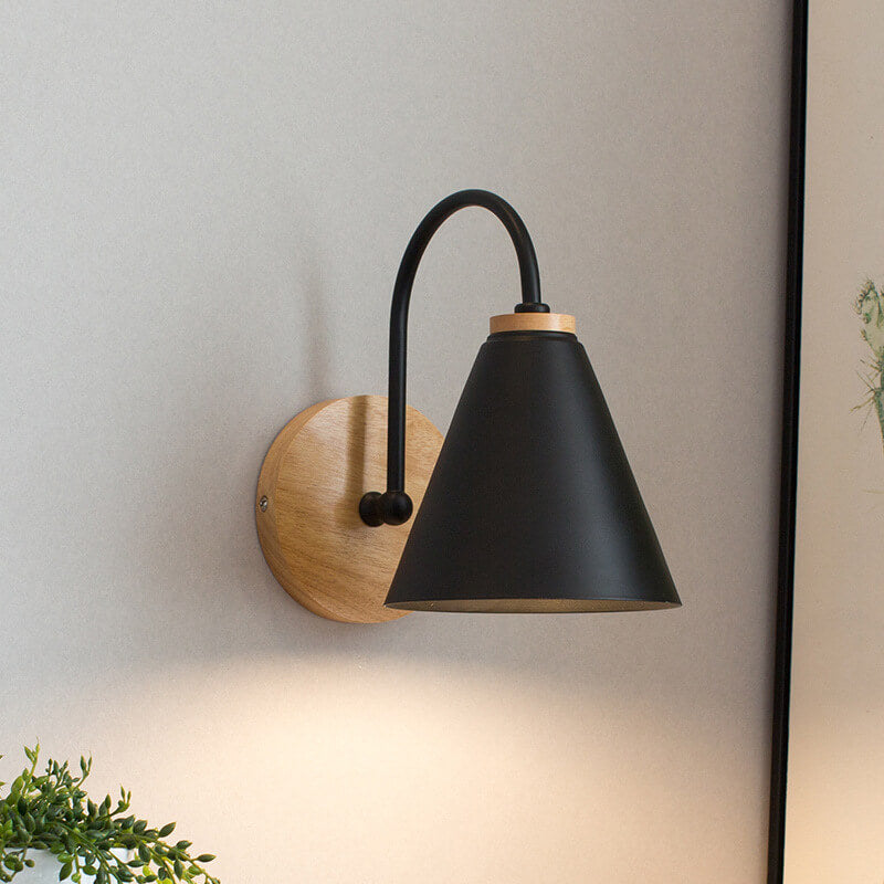 Modern Minimalist Cone Shade Wall Sconce Lamp - Wooden Base 1-Light Fixture