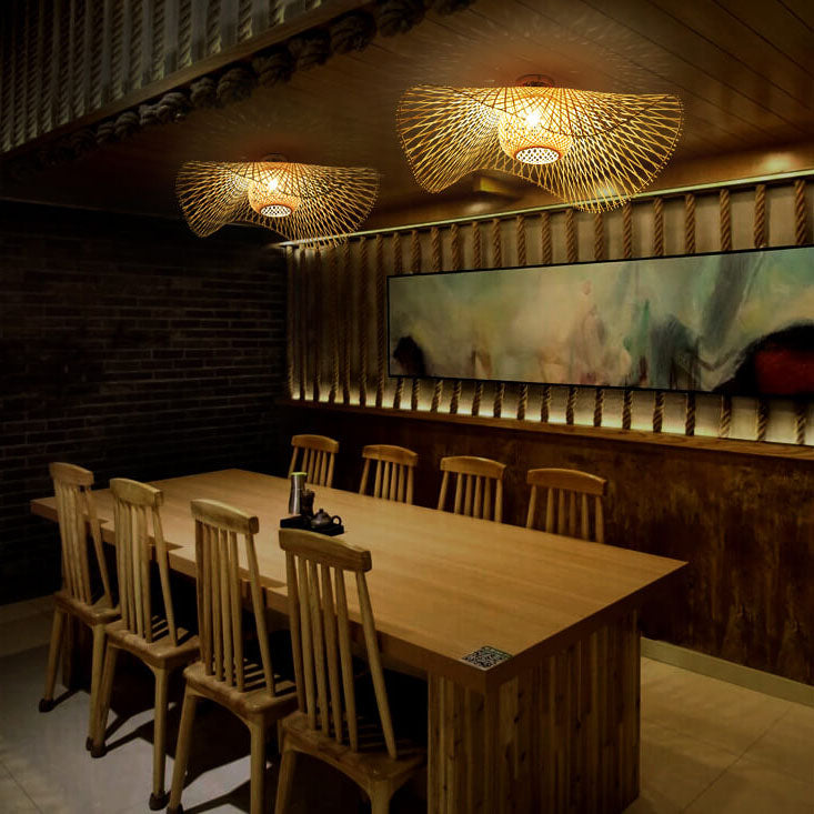Traditional Japanese Bamboo Weaving 1-Light Semi-Flush Mount Ceiling Light for Bedroom