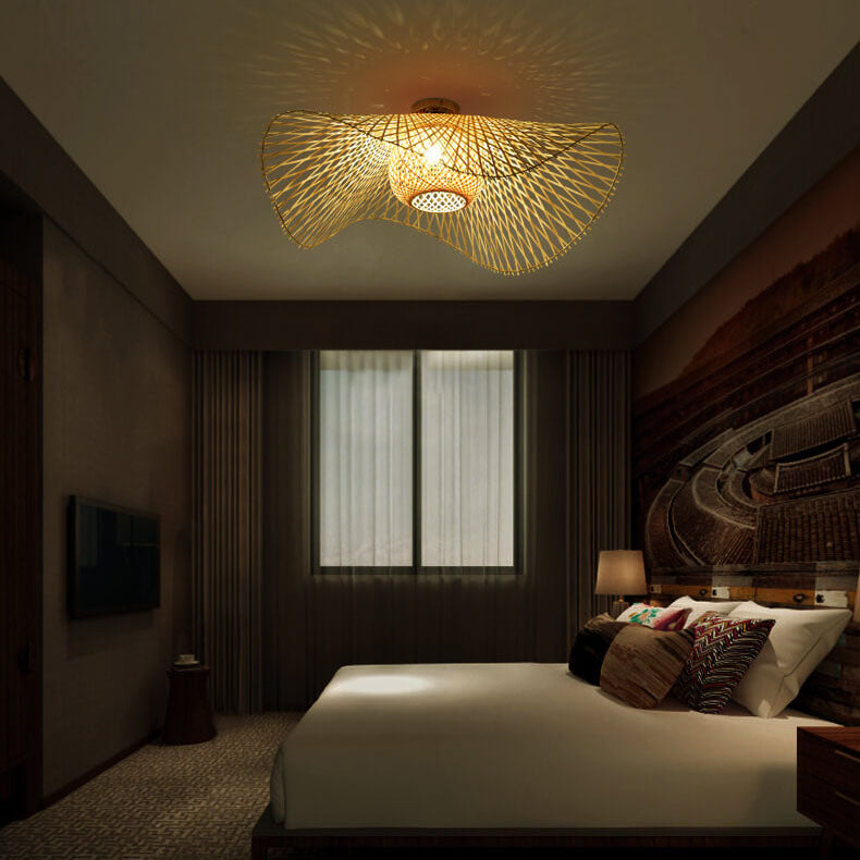 Traditional Japanese Bamboo Weaving 1-Light Semi-Flush Mount Ceiling Light for Bedroom