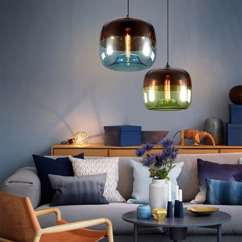 Retro Colorful Drum Pendant Light - 1-Light Glass Fixture for Stylish Home Decor