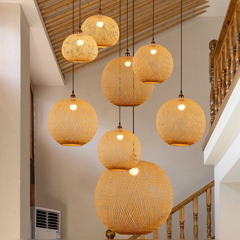 Bamboo Weaving Beige Japanese Pendant Light - 1-Light Round Design