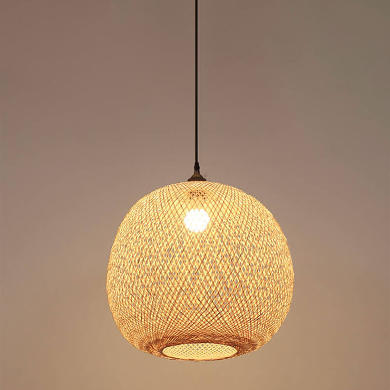 Bamboo Weaving Round Ball Beige Japanese Pendant Light - 1-Light Modern Hanging Fixture