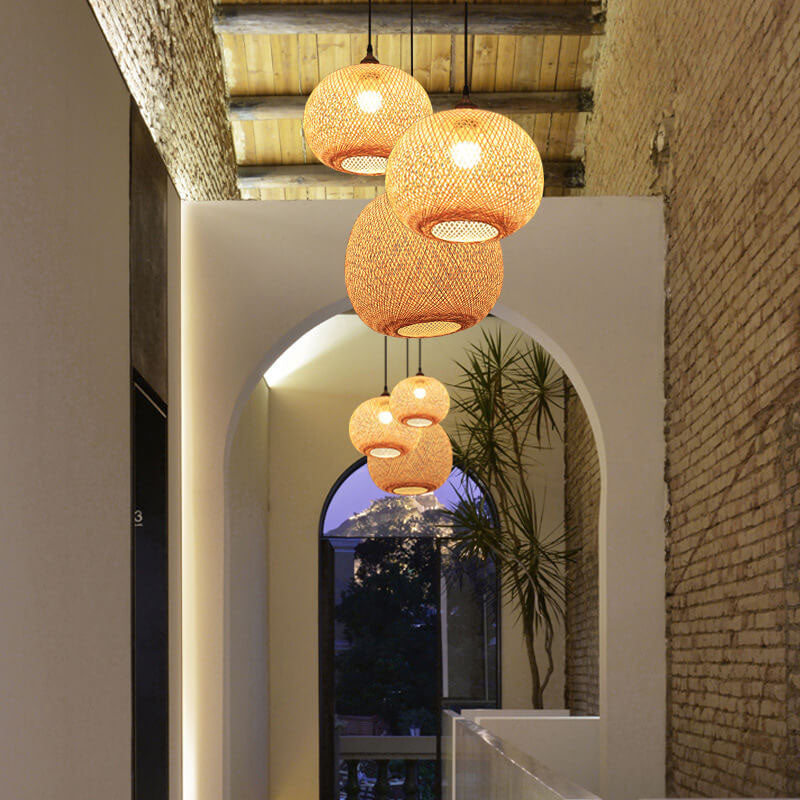 Bamboo Weaving Beige Japanese Pendant Light - 1-Light Round Design