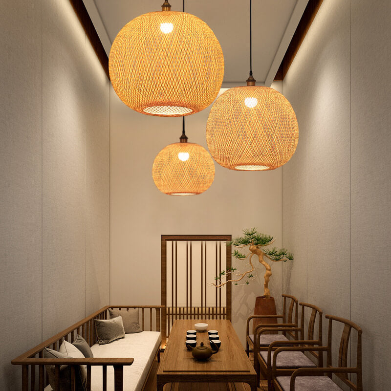 Bamboo Weaving Round Ball Beige Japanese Pendant Light - 1-Light Modern Hanging Fixture
