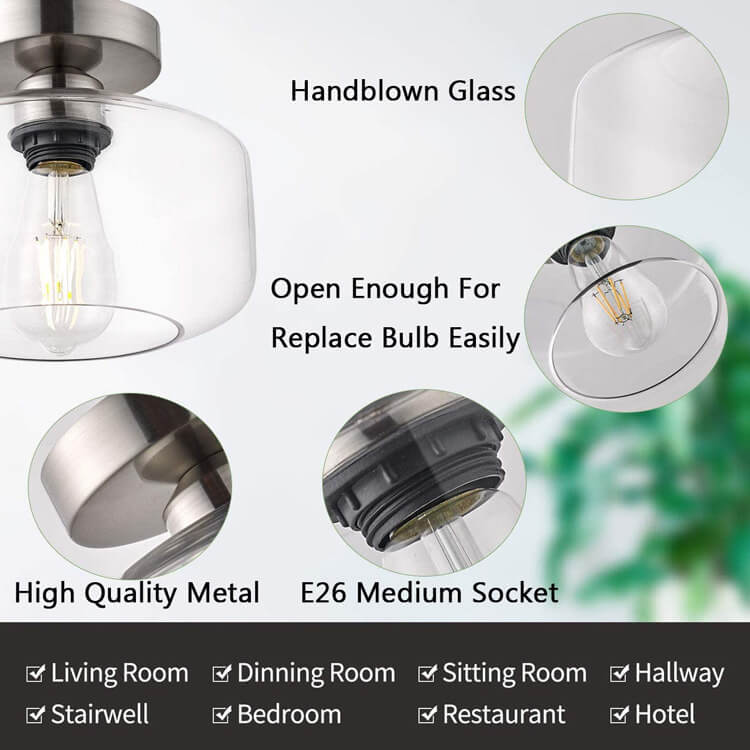 Clear Glass Dome Semi-Flush Mount Light Fixture