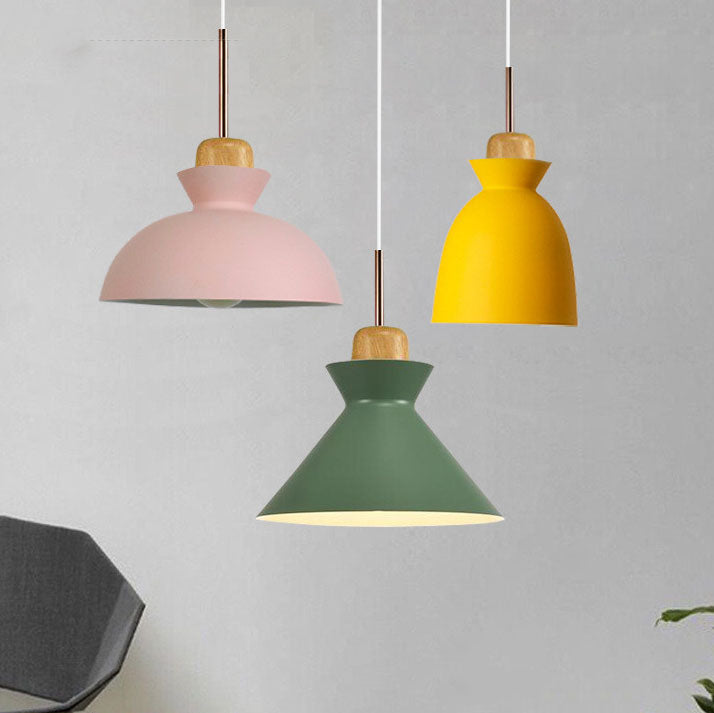 Contemporary Nordic Oak Wood Iron Bell Dome Pendant Light 1-Light Living Room