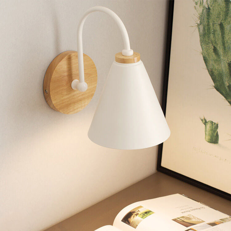 Modern Minimalist Cone Shade Wall Sconce Lamp - Wooden Base 1-Light Fixture