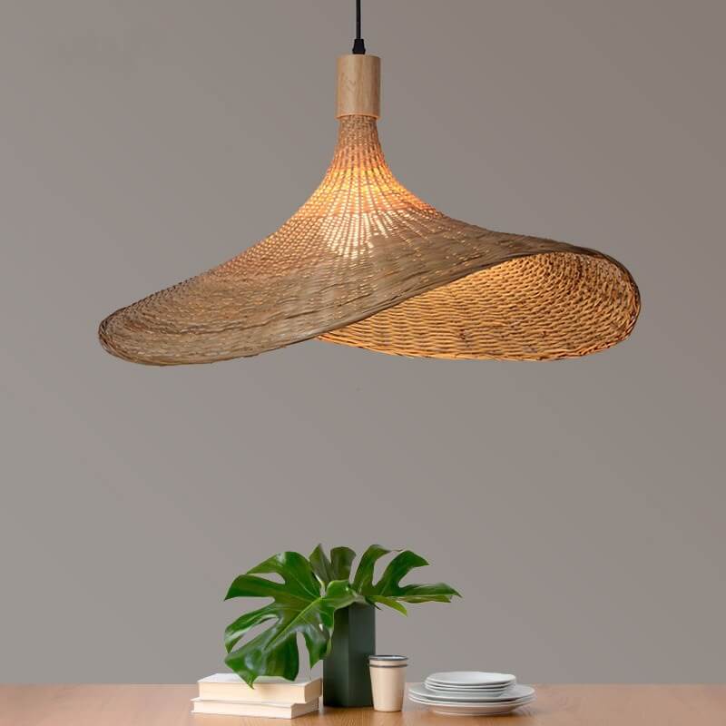 Woven Bamboo Pendant Light - 1-Light Straw Hat Design, Rustic Home Decor, Boho Lighting