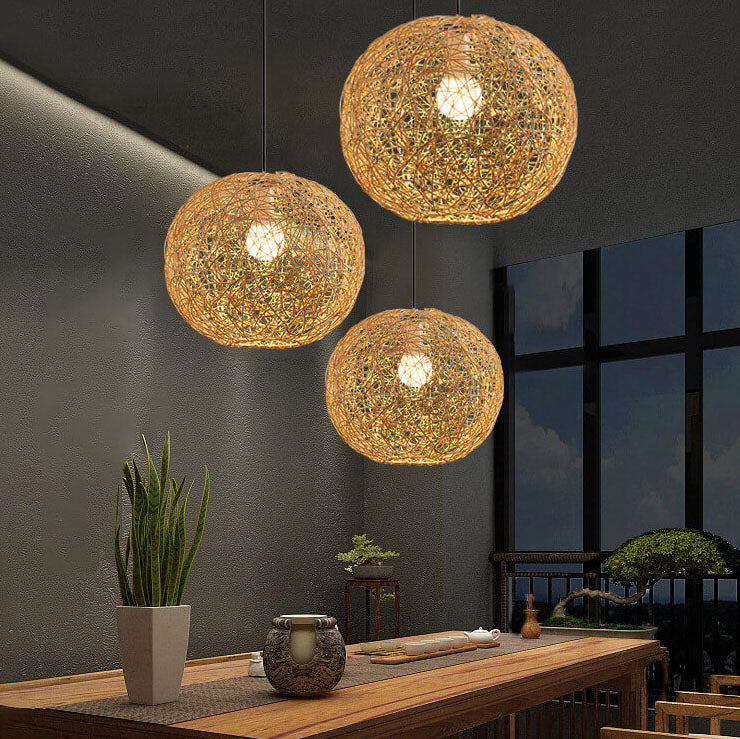 Rattan Weaving Beige Globe Pendant Light 1-Light Fixture