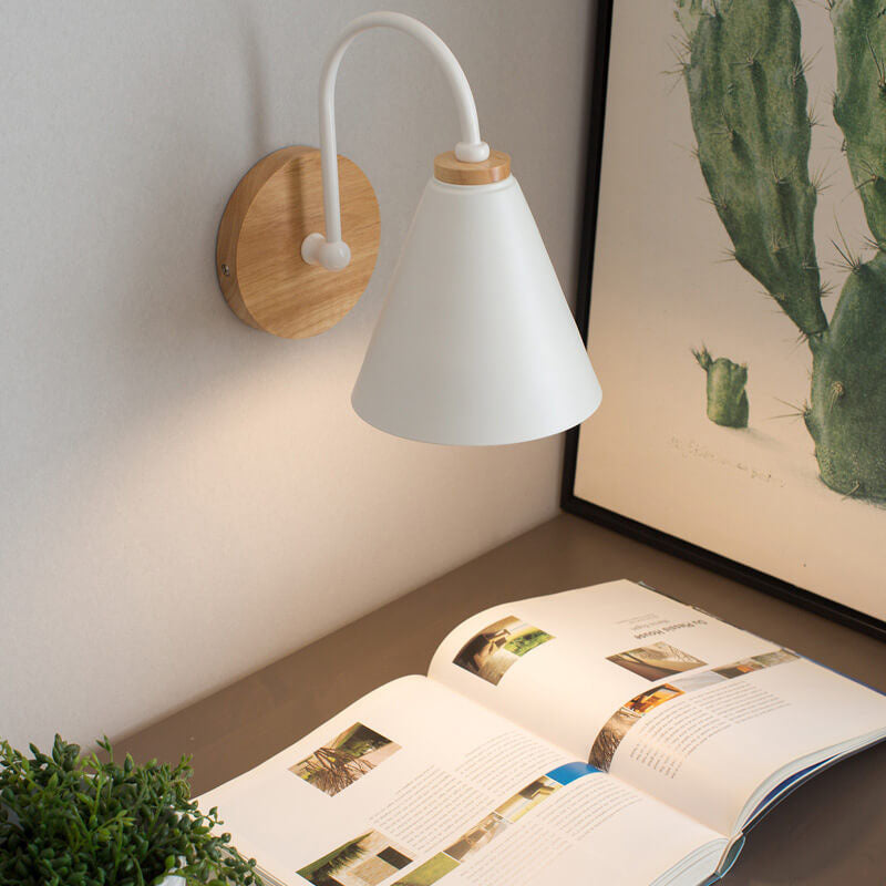 Modern Minimalist Cone Shade Wall Sconce Lamp - Wooden Base 1-Light Fixture
