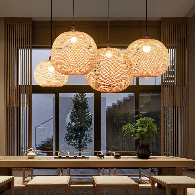 Bamboo Weaving Beige Japanese Pendant Light - 1-Light Round Design