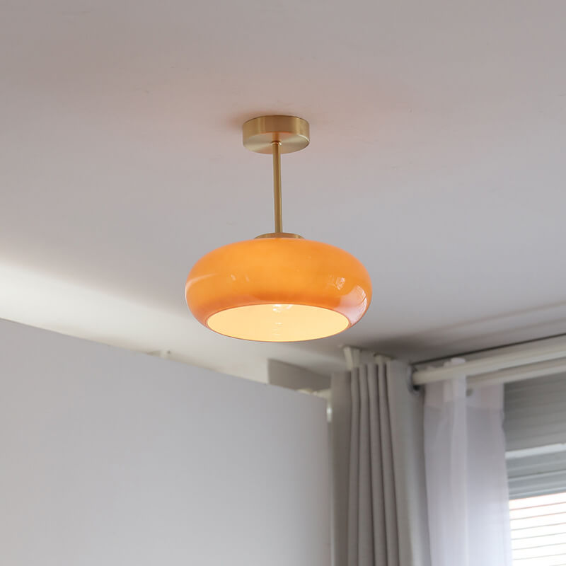 Vintage Brass Yellow Glass Semi-Flush Mount Ceiling Light
