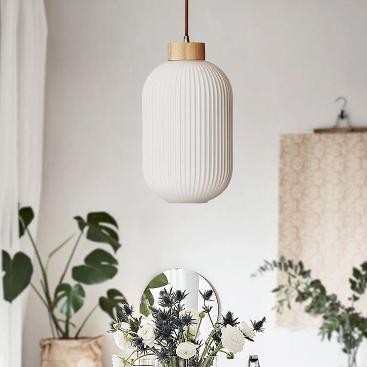 Retro White Striped Glass Jar Pendant Light, 1-Light Japanese Design