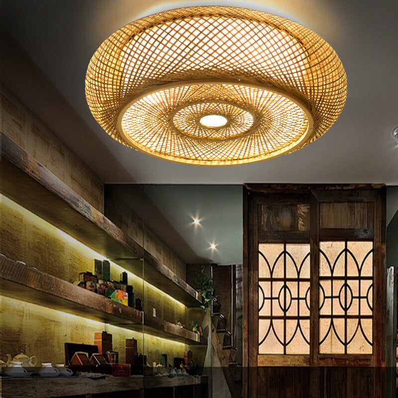 Bamboo Weaving 3-Light Flush Mount Ceiling Light Fixture