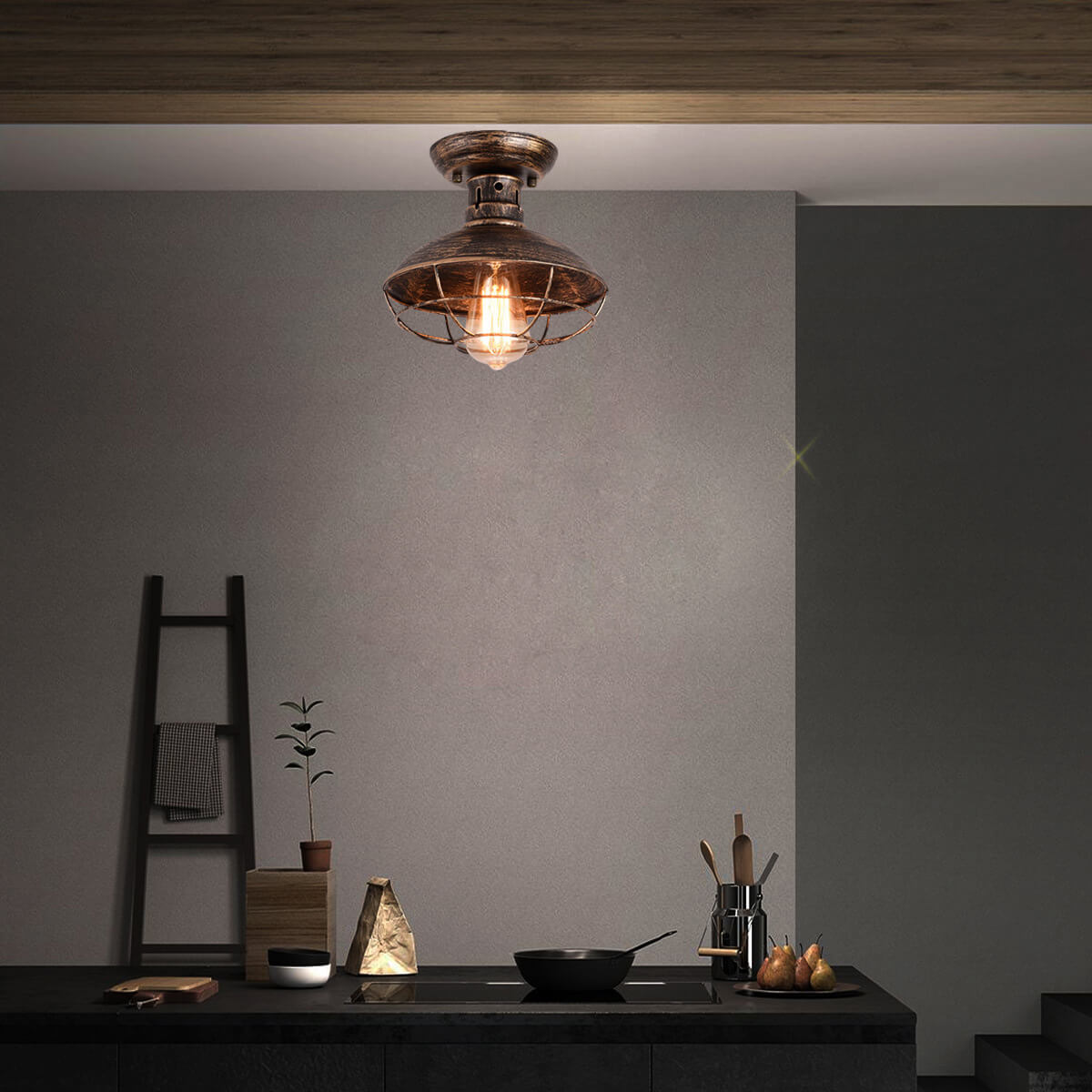 Rustic Wrought Iron Barn Semi-Flush Mount Light Fixture