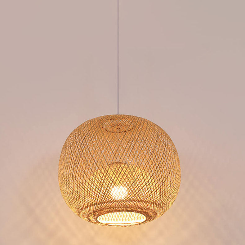 Bamboo Weaving Round Ball Beige Japanese Pendant Light - 1-Light Modern Hanging Fixture