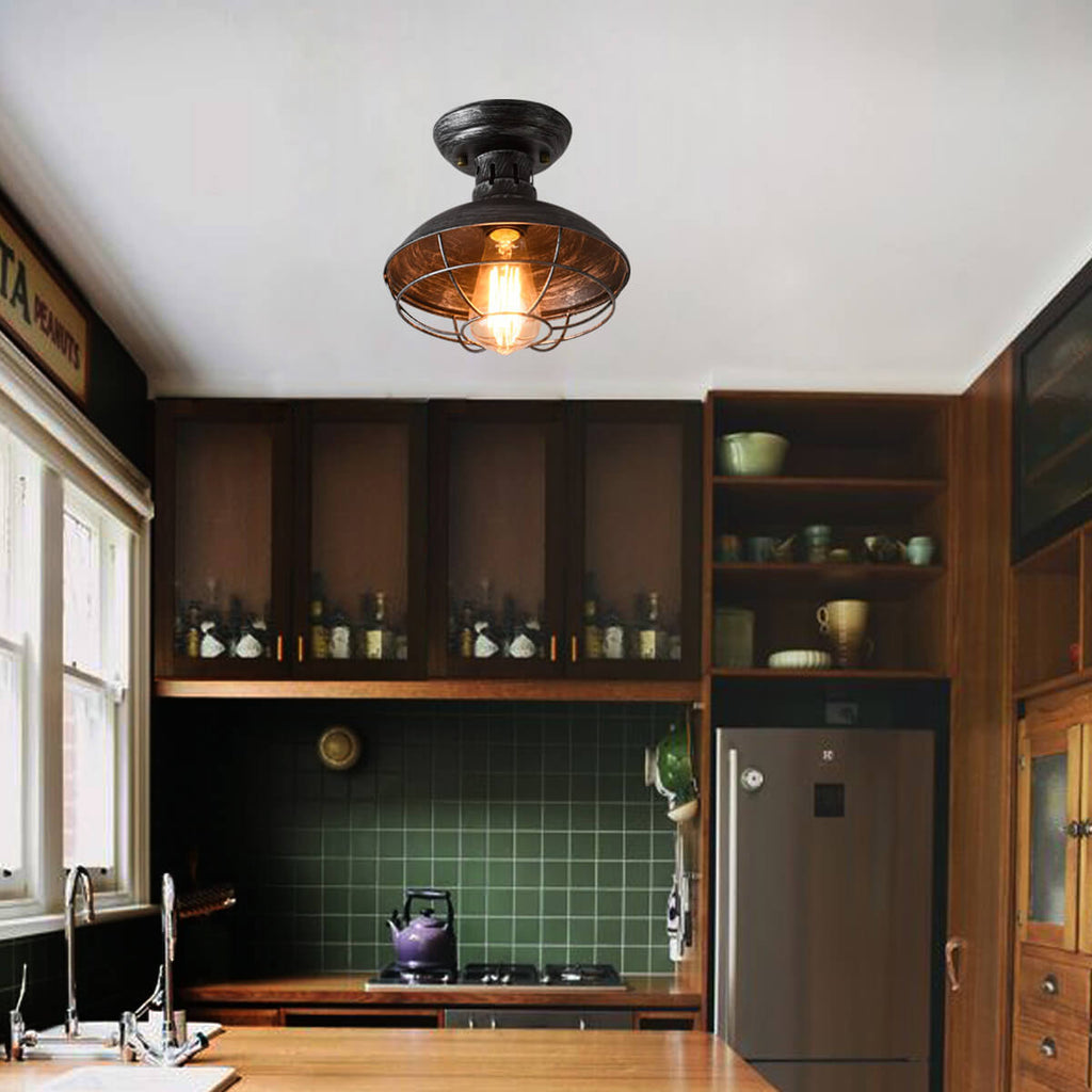 Rustic Wrought Iron Barn Semi-Flush Mount Light Fixture