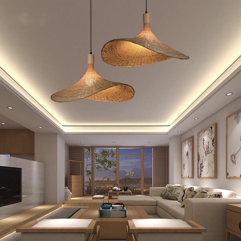 Woven Bamboo Pendant Light - 1-Light Straw Hat Design, Rustic Home Decor, Boho Lighting