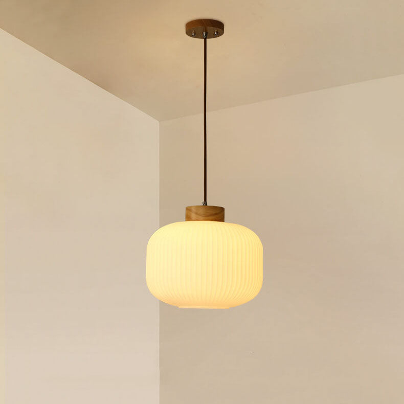 Retro White Striped Glass Jar Pendant Light, 1-Light Japanese Design