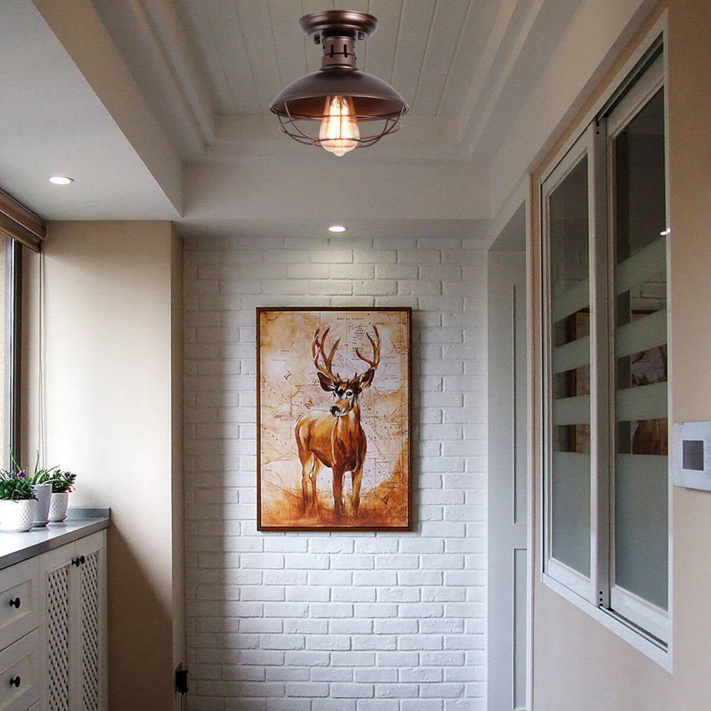 Rustic Wrought Iron Barn Semi-Flush Mount Light Fixture