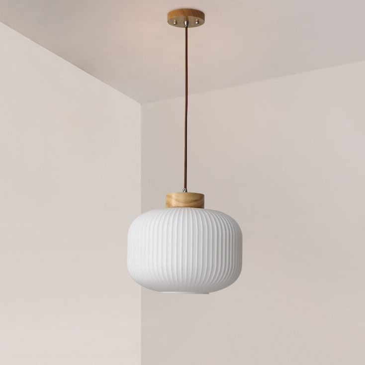 Retro White Striped Glass Jar Pendant Light, 1-Light Japanese Design