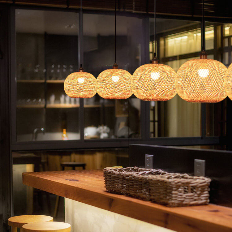 Bamboo Weaving Round Ball Beige Japanese Pendant Light - 1-Light Modern Hanging Fixture