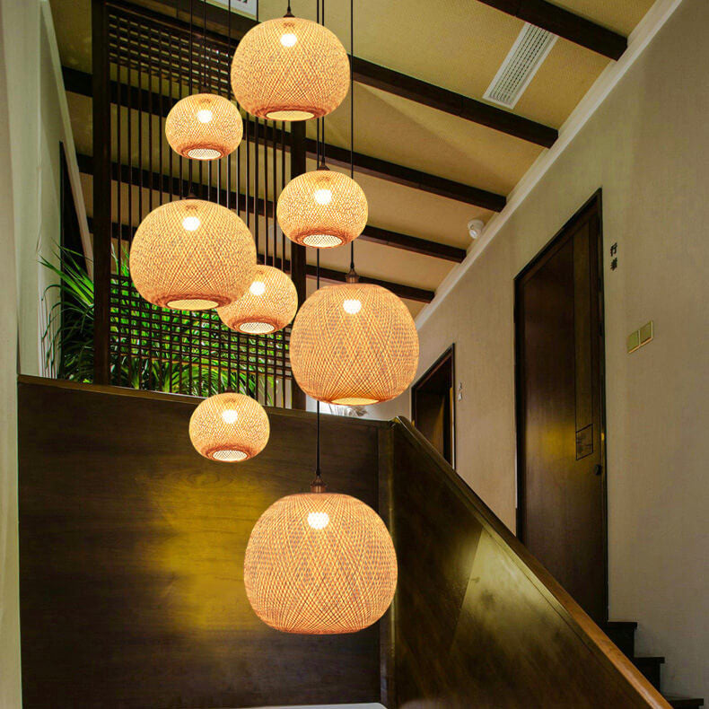 Bamboo Weaving Round Ball Beige Japanese Pendant Light - 1-Light Modern Hanging Fixture
