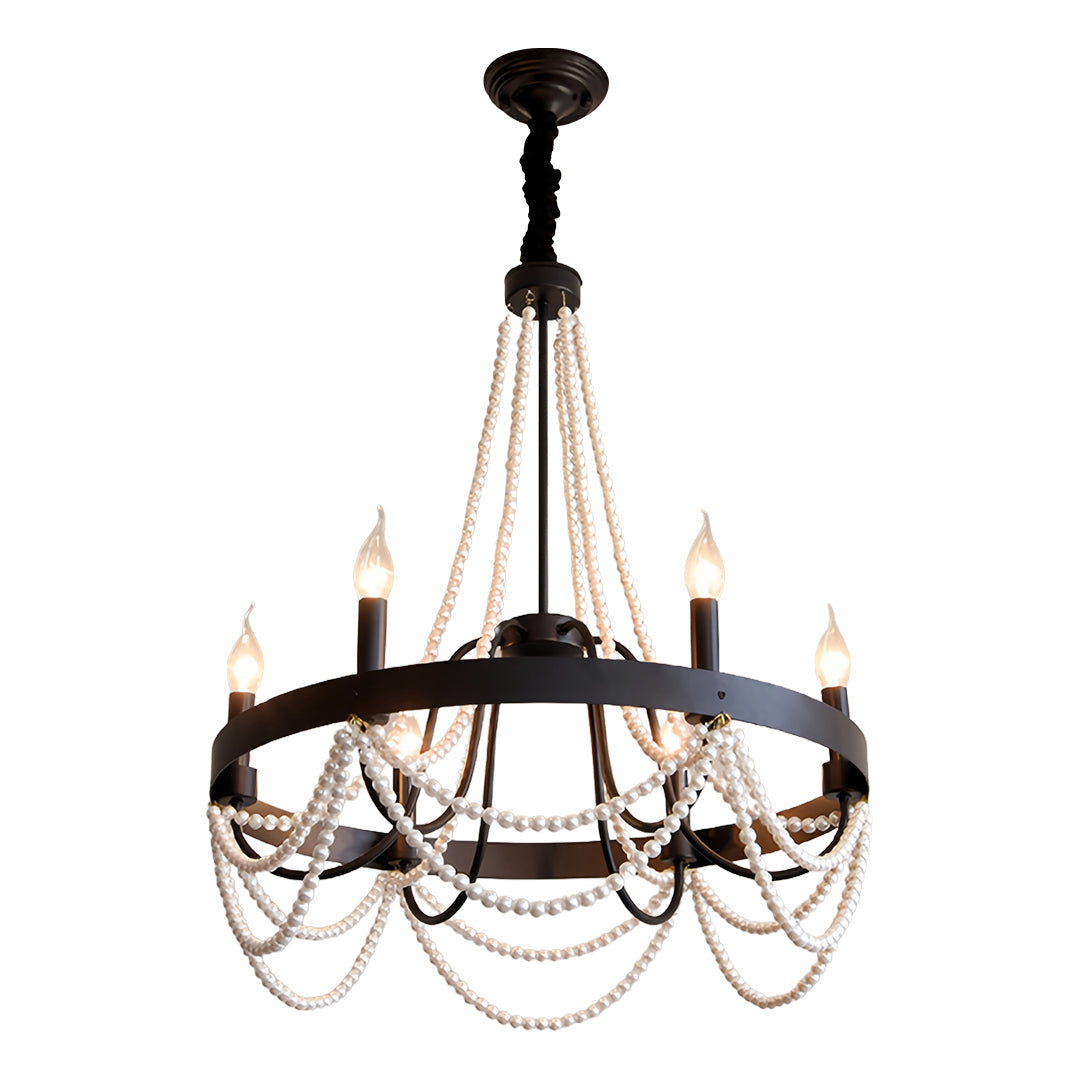 Vintage Wrought Iron Chandelier with Pearl Accents - French Artistic Ceiling Light