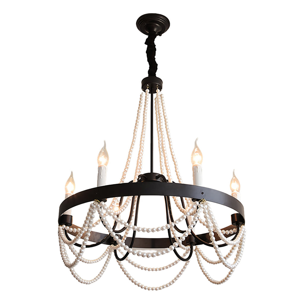 Vintage Wrought Iron Chandelier with Pearl Accents - French Artistic Ceiling Light