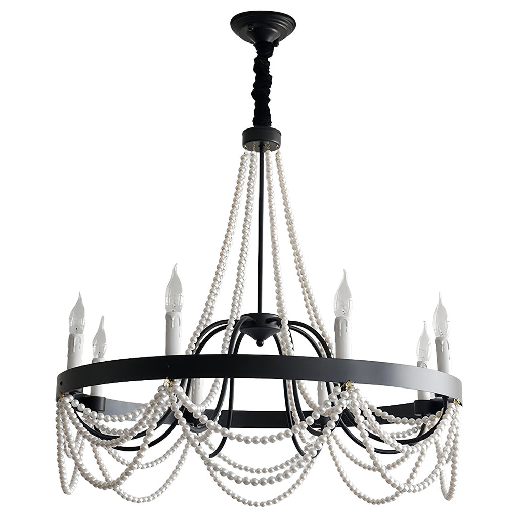 Vintage Wrought Iron Chandelier with Pearl Accents - French Artistic Ceiling Light