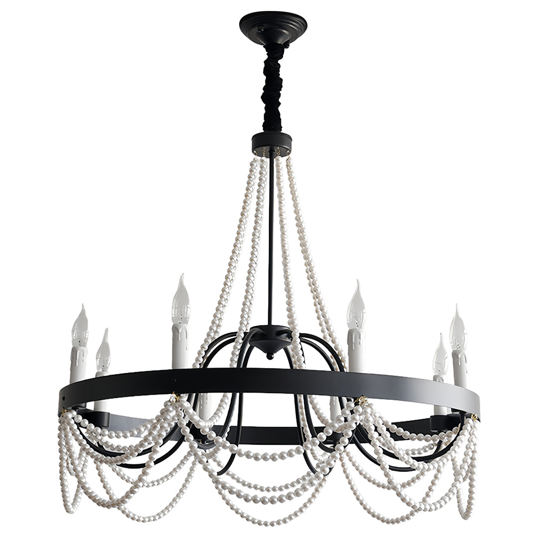 Vintage Wrought Iron Chandelier with Pearl Accents - French Artistic Ceiling Light