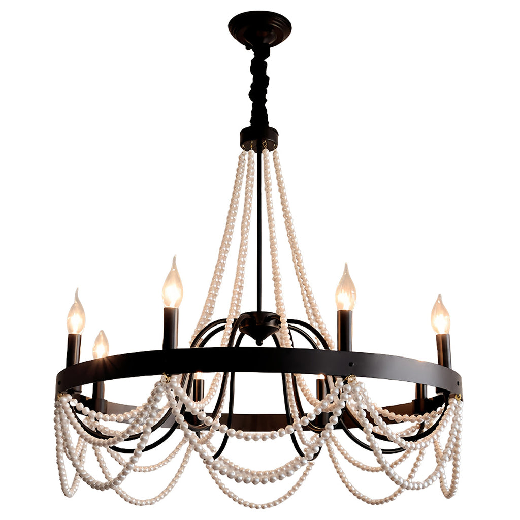 Vintage Wrought Iron Chandelier with Pearl Accents - French Artistic Ceiling Light
