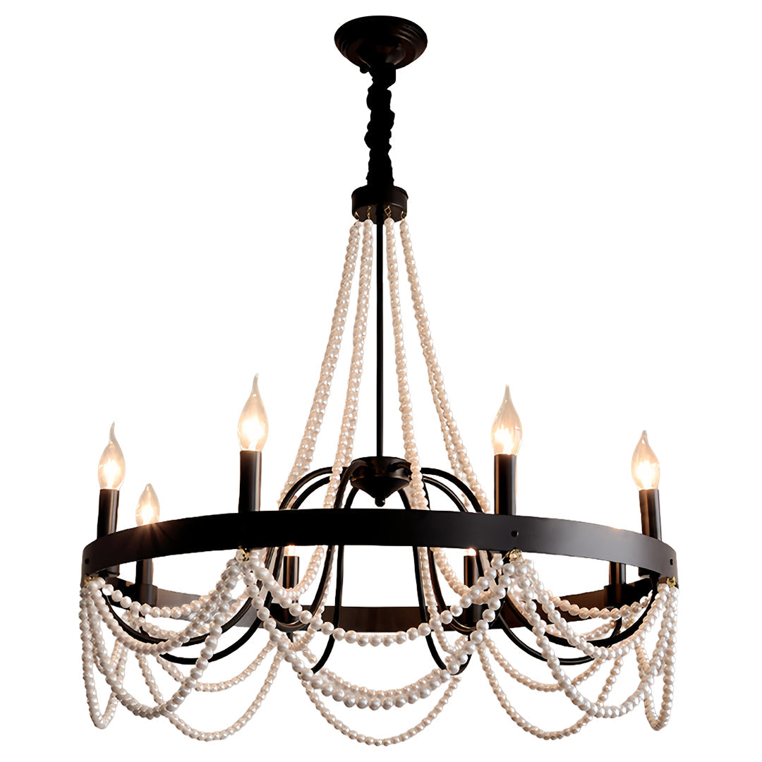Vintage Wrought Iron Chandelier with Pearl Accents - French Artistic Ceiling Light