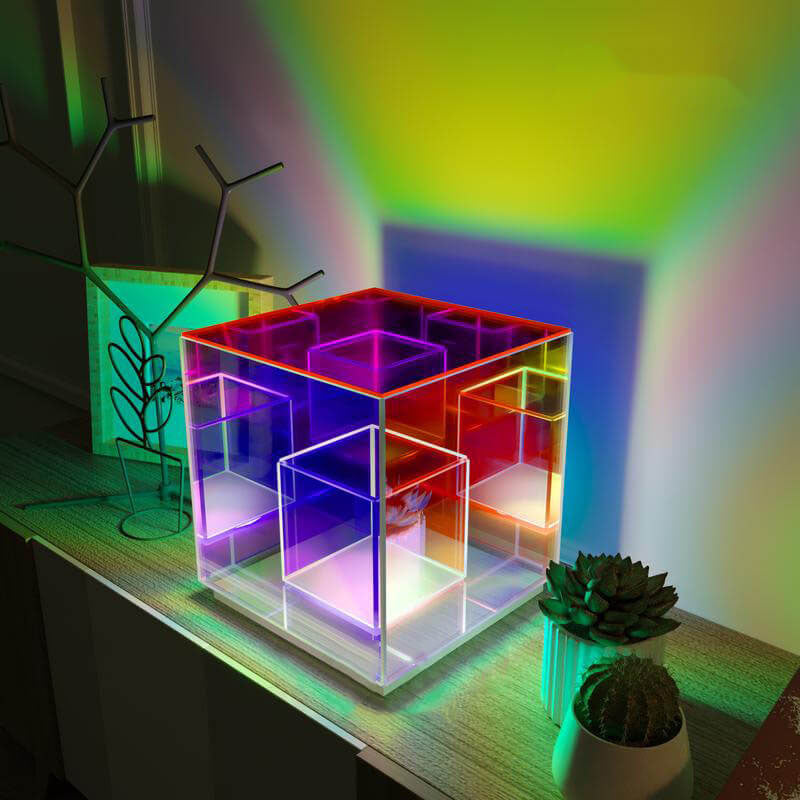 Modern Acrylic RGB Line Rubik's Cube LED Table Lamp - Color Changing Cube Night Light, USB Rechargeable Decorative Lamp, Unique Gift for Kids and Adults, RGB Mood Lighting for Home Decor, Bedroom and Office Accessories